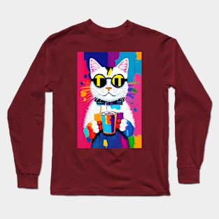 White Cat with Silly Sunglasses and Soft Drink Long Sleeve T-Shirt